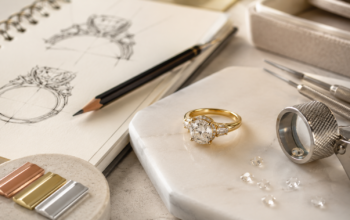 Jeweler's workspace with gold ring and sketches